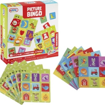 Jogo de bingo educativo com cartas coloridas e caixa com o texto 'Picture Bingo'.