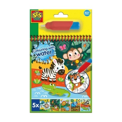 Livro de colorir com água com capa colorida e marcador vermelho e azul