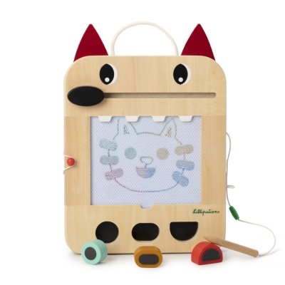 Quadro de desenho magnético madeira com orelhas vermelhas olhos pretos e peças coloridas