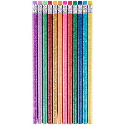 Doze lápis coloridos com glitter e ponteiras coloridas alinhados verticalmente