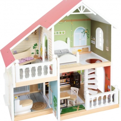 Casa de bonecas em madeira com mobiliário e decoração coloridos