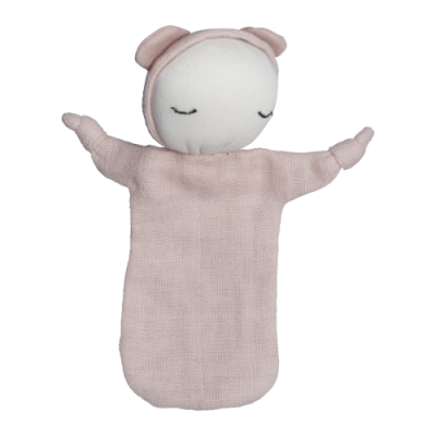 Boneco de pano rosa com cabeça branca e olhos fechados