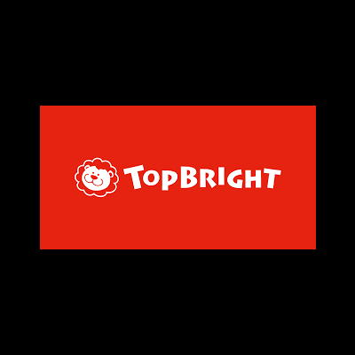 Logótipo TopBright com leão sorridente em fundo vermelho