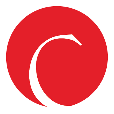 Logo vermelho com design branco curvo em círculo.