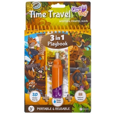 Livro de atividades infantil Time Travel 3 in 1 Playbook Qwi Toy em embalagem colorida com marcador mágico e adesivos