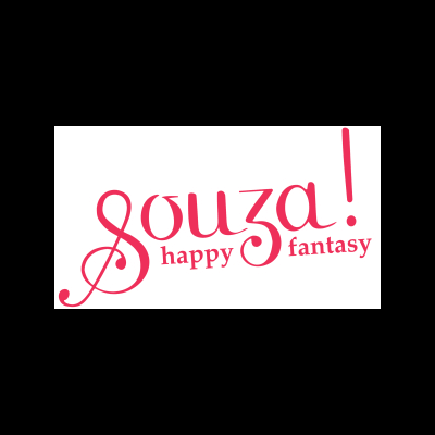 Logótipo 'souza! happy fantasy' em cor-de-rosa sobre fundo branco