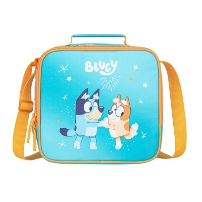 Mala térmica azul com personagens de desenho animado Bluey e Bingo e alça amarela
