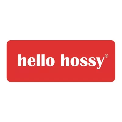 Logotipo com texto hello hossy® em fundo vermelho