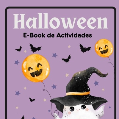 Capa de E-Book de Halloween com fantasma, balões de abóbora e morcegos