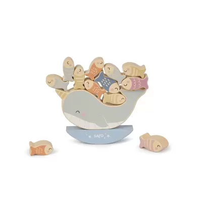 Brinquedo de madeira de baleia e peixes para empilhar