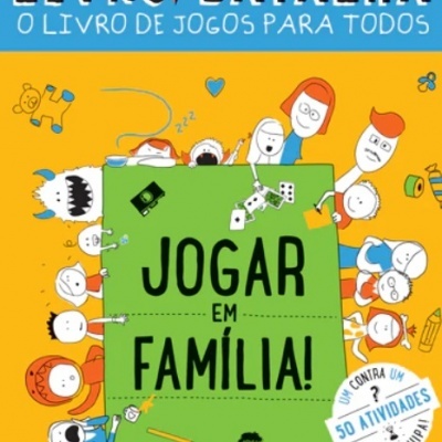 Capa de livro amarelo e verde com texto e ilustrações de pessoas a jogar