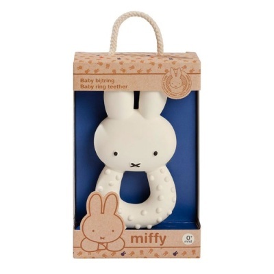 Chocalho e anel de dentição Miffy branco em caixa de cartão castanho e azul