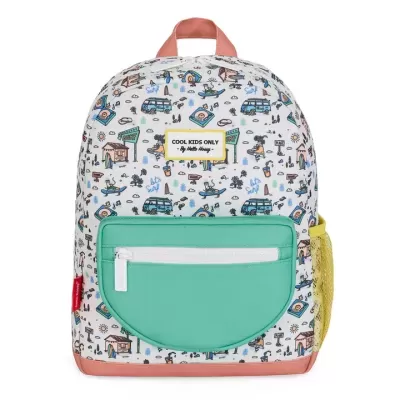 Mochila infantil colorida com padrão de desenhos e bolso verde água com fecho branco