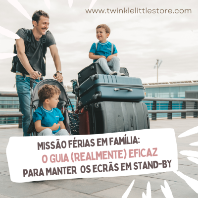 Homem com carrinho de bebê e crianças com malas junto a edifício moderno, texto promocional em português.