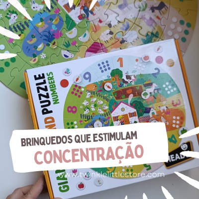 Puzzle educativo com números e animais, embalagem com texto estimulando concentração