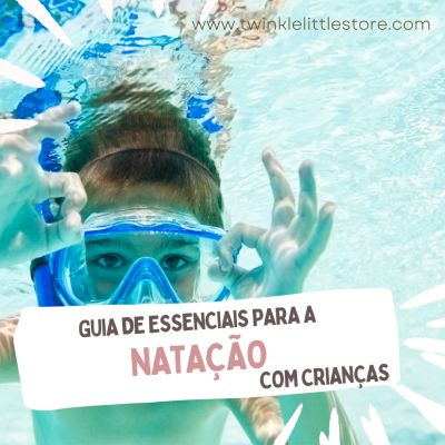 Criança com máscara de snorkel azul submersa na água, com texto sobreposto sobre natação