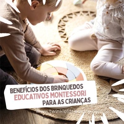 Crianças a brincar com brinquedo Montessori colorido sobre tapete redondo de fibras naturais