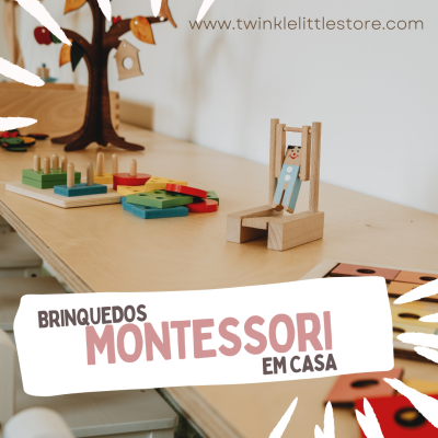 Brinquedos Montessori em madeira colorida sobre mesa clara com texto promocional