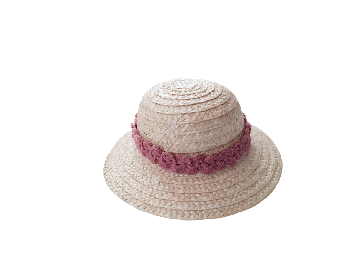 Chapéu de palha bege com faixa cor-de-rosa