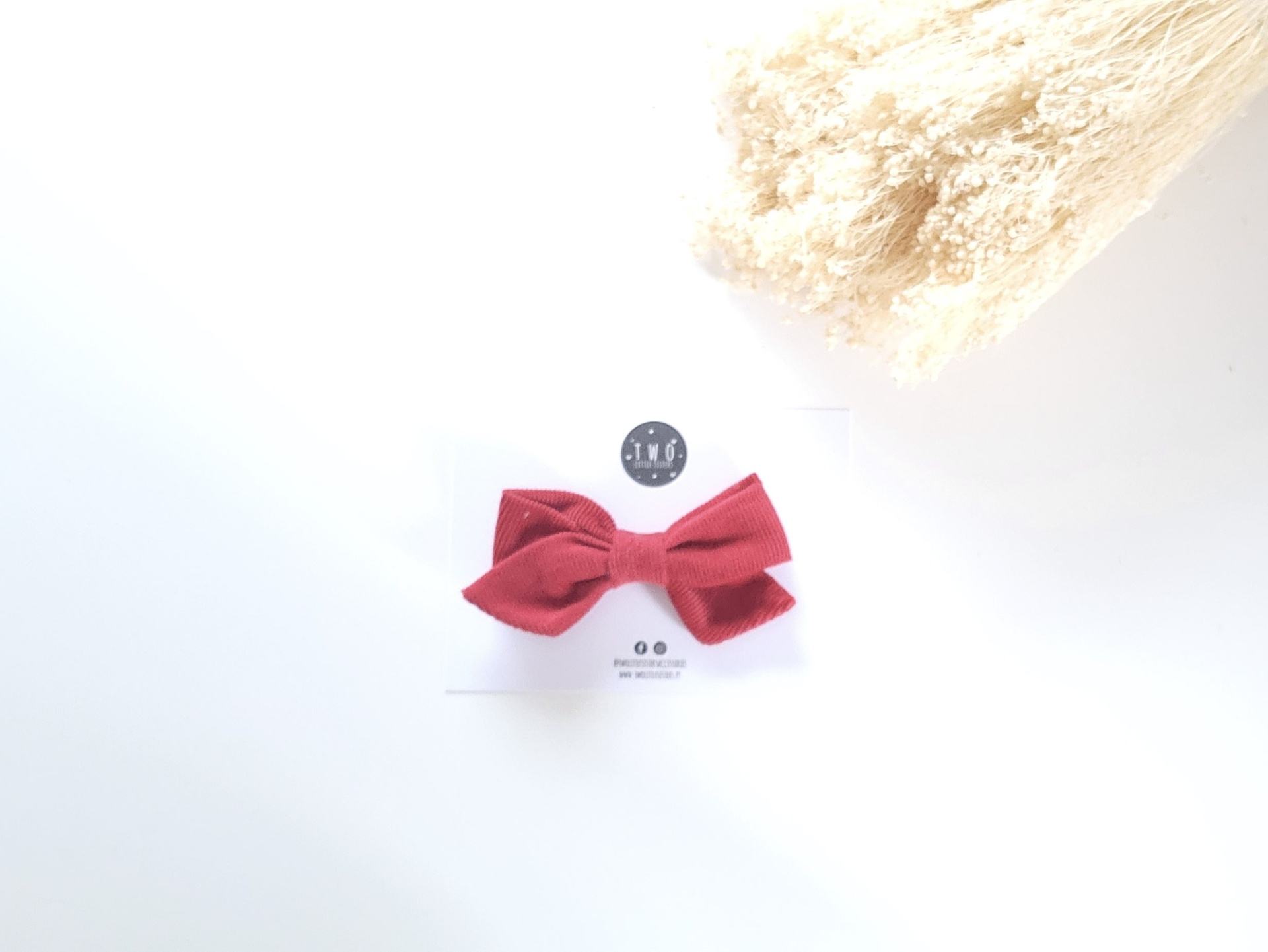 Laço vermelho em tecido sobre cartão branco com logótipo e texto, ramo seco de flores ao lado