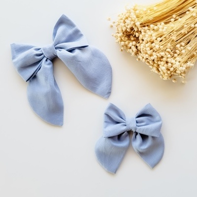 Laços de tecido azul claro e flores secas em fundo branco