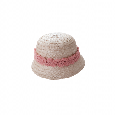 Chapéu de palha bege com faixa rosa em crochet