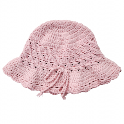 Chapéu feminino de malha cor-de-rosa claro com cordão, aba ondulada