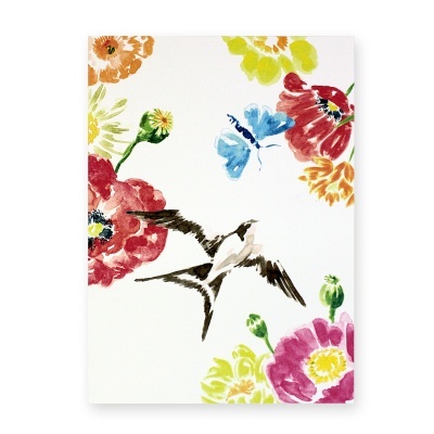 Desenho colorido de flores, borboleta e pássaro em fundo branco.