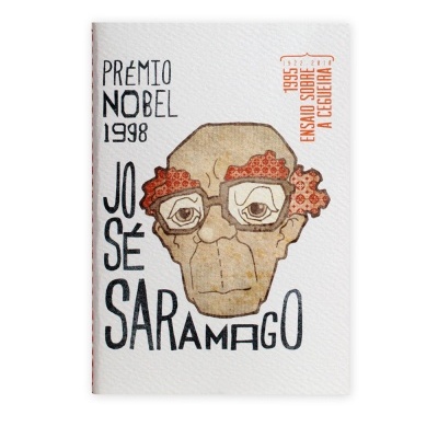 Capa de livro com caricatura e texto sobre José Saramago e Prémio Nobel