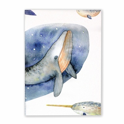Ilustração de baleia em aquarela num caderno branco