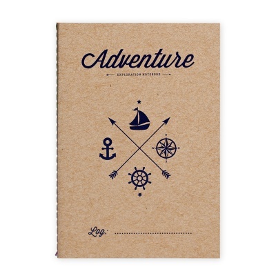 Caderno kraft com desenhos náuticos e texto Adventure Exploration Notebook.