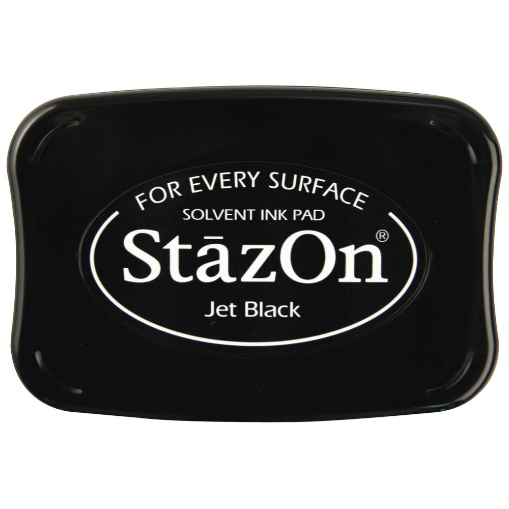 Carimbo de tinta preto StazOn Jet Black retangular com texto branco