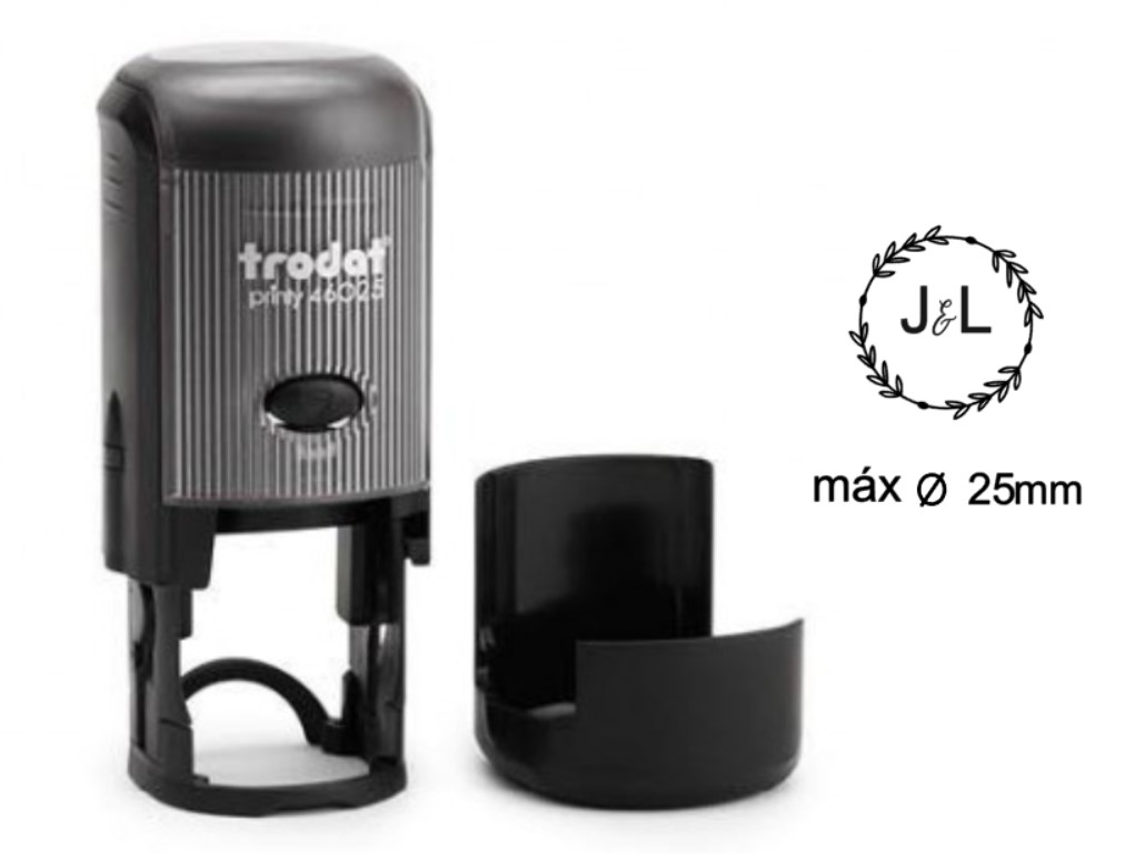 Carimbo preto redondo Trodat Printy 46125 com selo decorativo J&L
