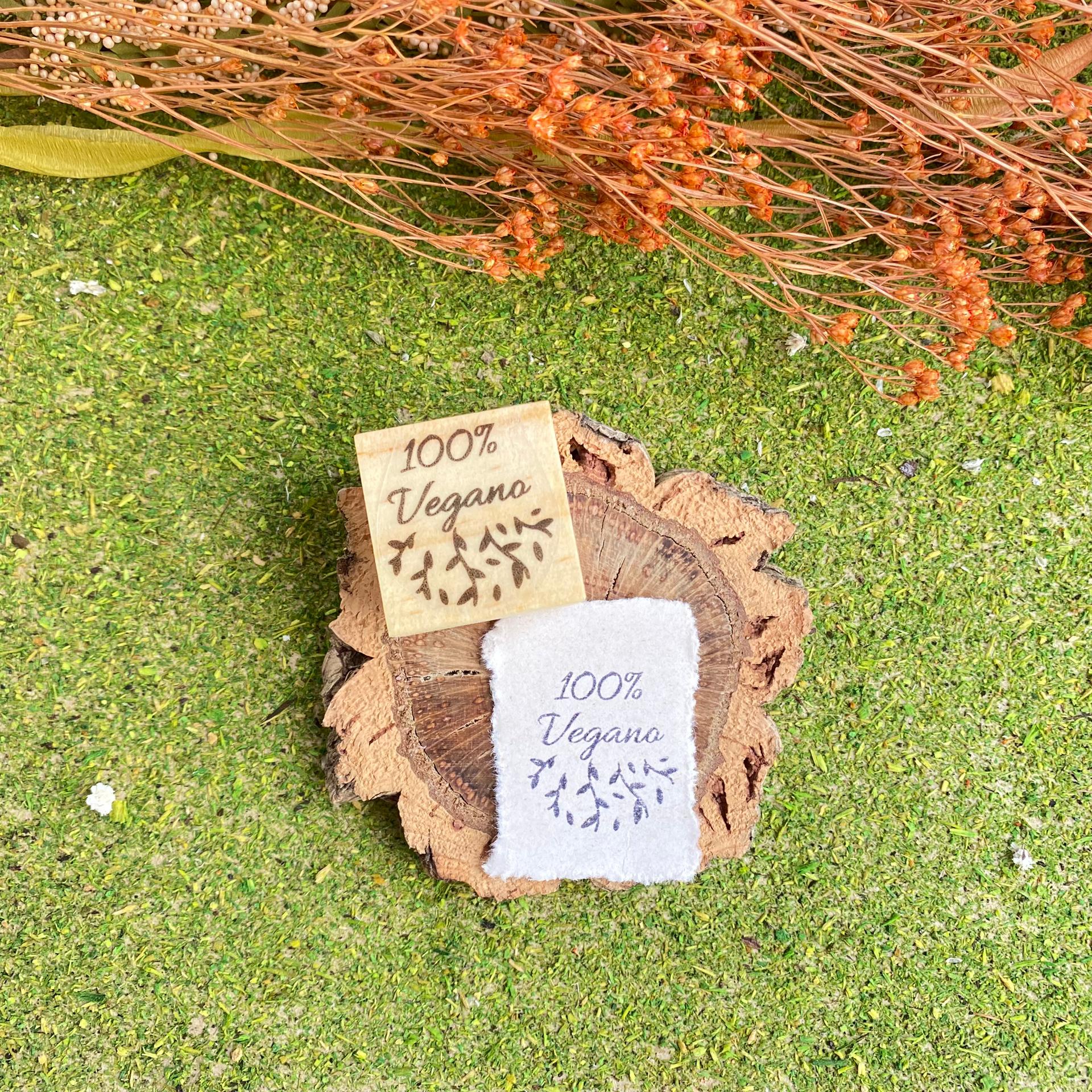 Etiqueta 100% Vegano em tecido branco e cartão sobre disco de madeira em relva verde com ramos secos