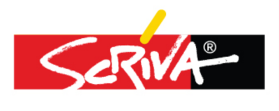 Logótipo SCRIVA com fundo vermelho e preto e traço amarelo