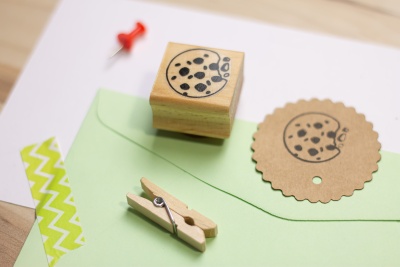 Carimbo de bolacha, etiqueta de papel, envelope verde, pregador de madeira e alfinete vermelho