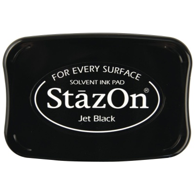 Carimbo de tinta preto StazOn Jet Black retangular com texto branco