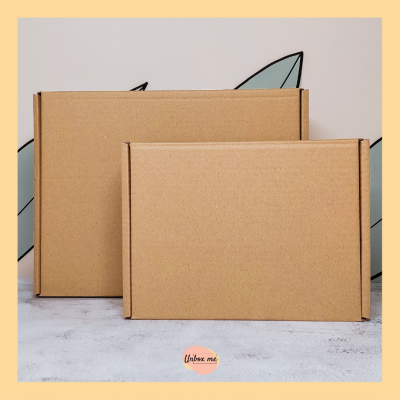 Duas caixas de cartão castanho em fundo claro e detalhe gráfico azul