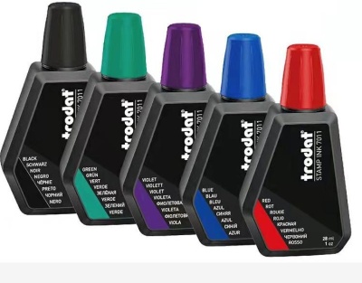 Cinco frascos de tinta para carimbos Trodat em diferentes cores