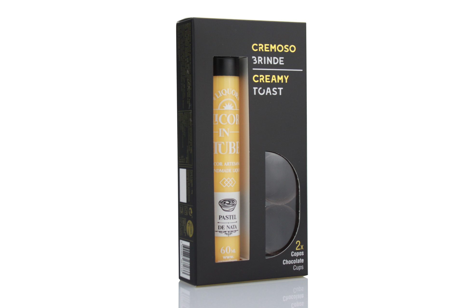 Cremoso Brinde Embalagem preta com licor amarelo e texto promocional