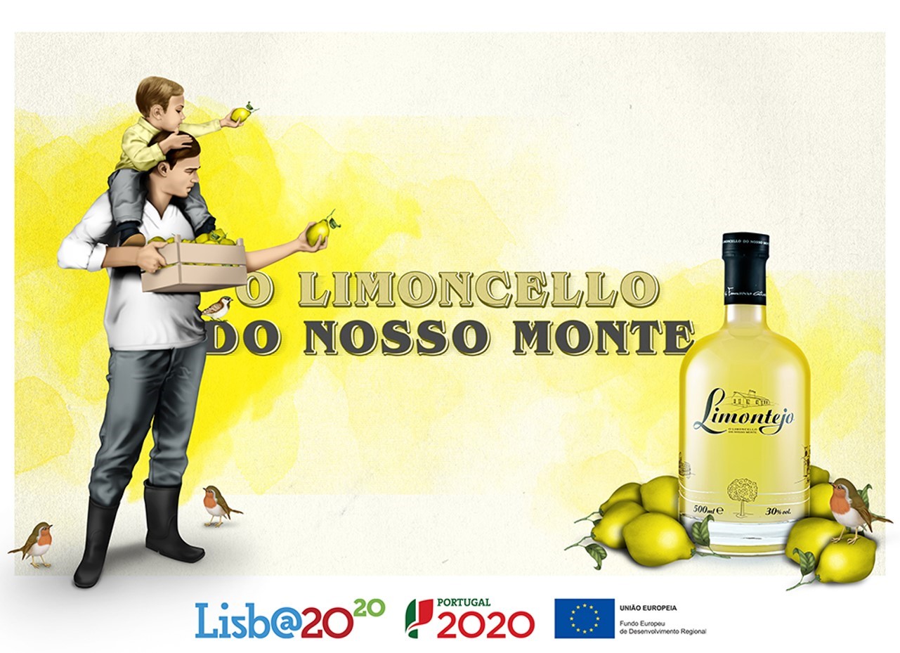 Garrafa de limoncello amarelo com limões frescos e texto promocional em fundo amarelo.