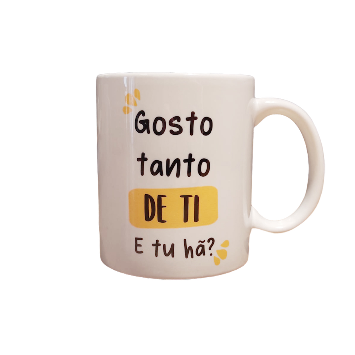 Caneca “Mê Sol da Manhã” Caneca branca com texto em português preto e amarelo