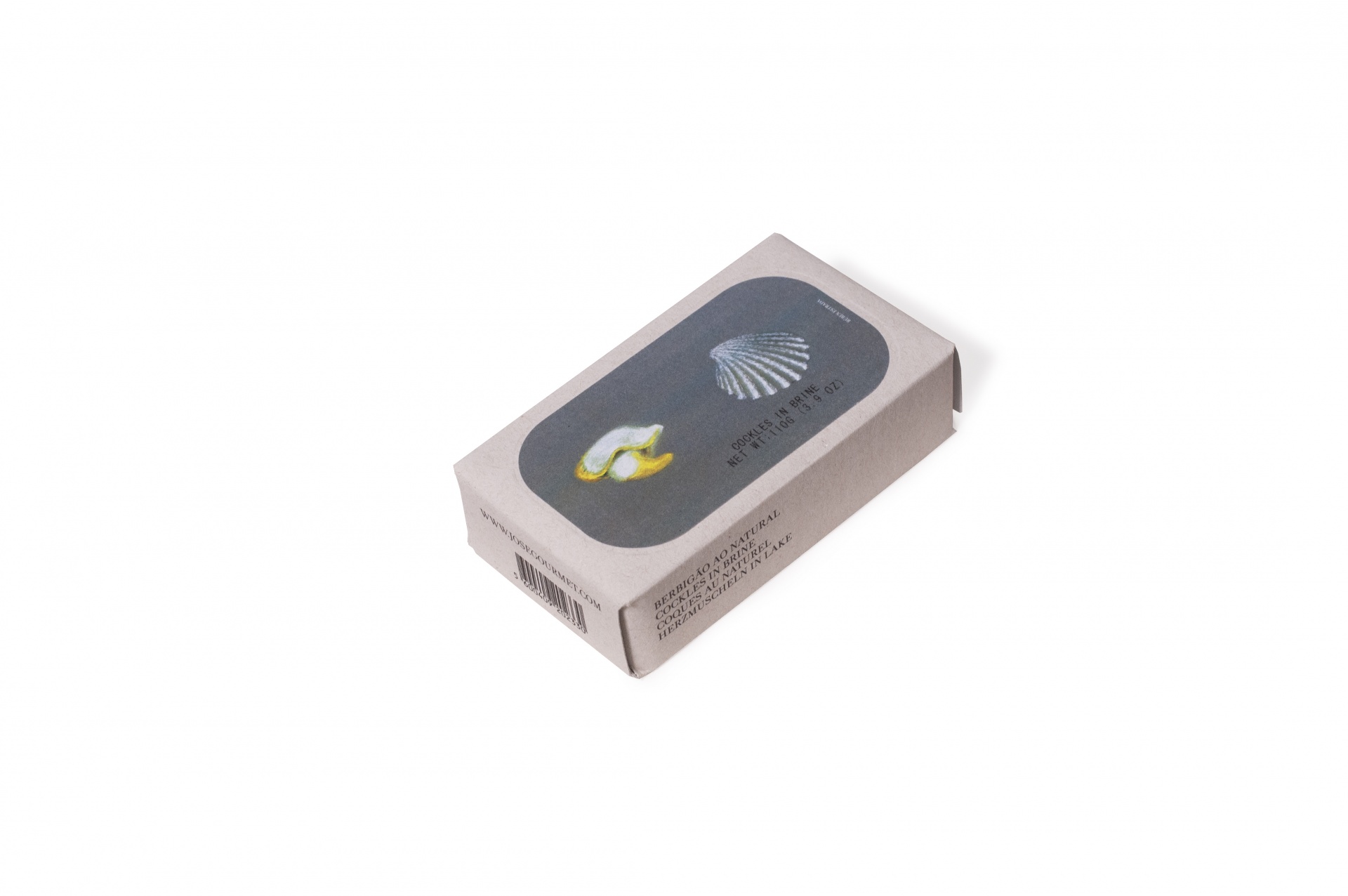 Berbigão ao Natural Embalagem rectangular de papel com imagem de conchas e texto em português