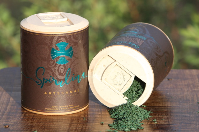 Recipientes cilíndricos de Spirulina com pó verde