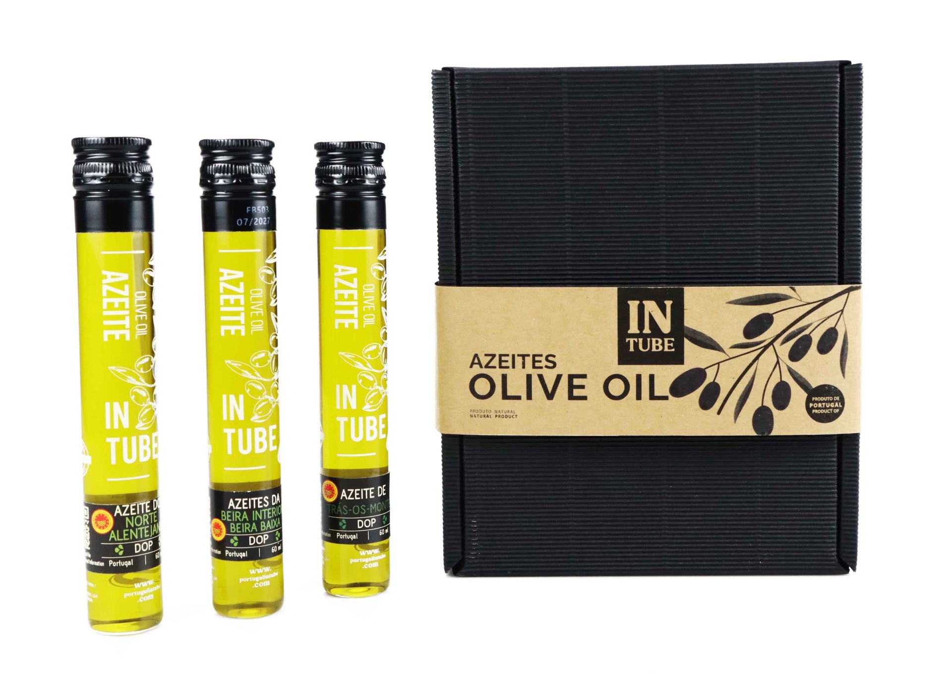 Coffret Natura Azeites Conjunto de frascos de azeite em tubos transparentes com tampa preta e caixa preta com faixa castanha