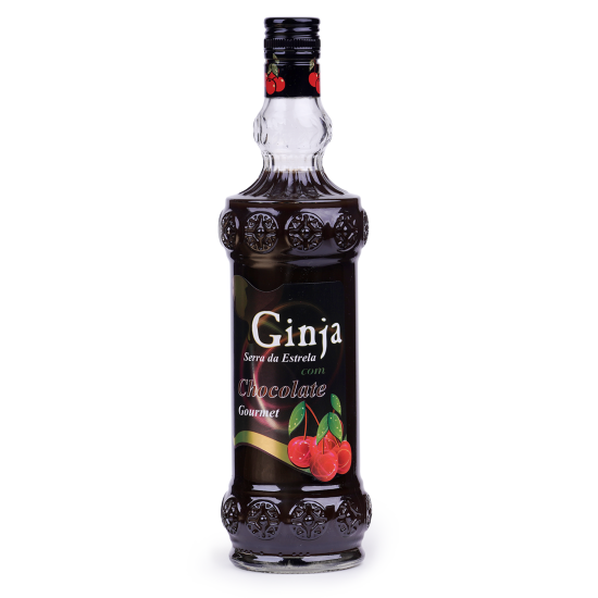 Ginja Serra da Estrela com Chocolate Garrafa de Ginja com Chocolate Gourmet com rótulo preto e imagem de cerejas