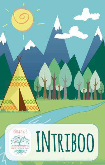 Jogo Intriboo - Fórmula S Ilustração de montanhas, árvores, tenda e rio com texto Fórmula S e INTRIBOO