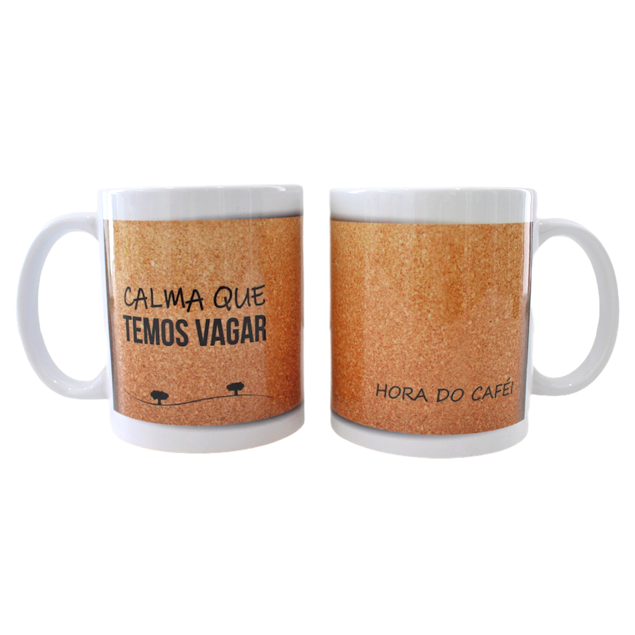 Caneca “Temos Vagar” Duas canecas brancas com texto impresso no estilo espuma de café