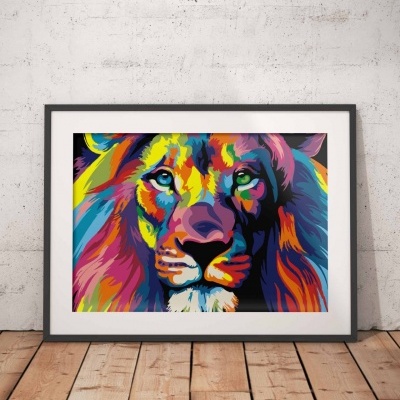 Poster emoldurado de leão colorido em estilo pop art