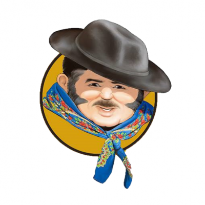 Ilustração de homem com chapéu castanho e lenço azul com padrão floral